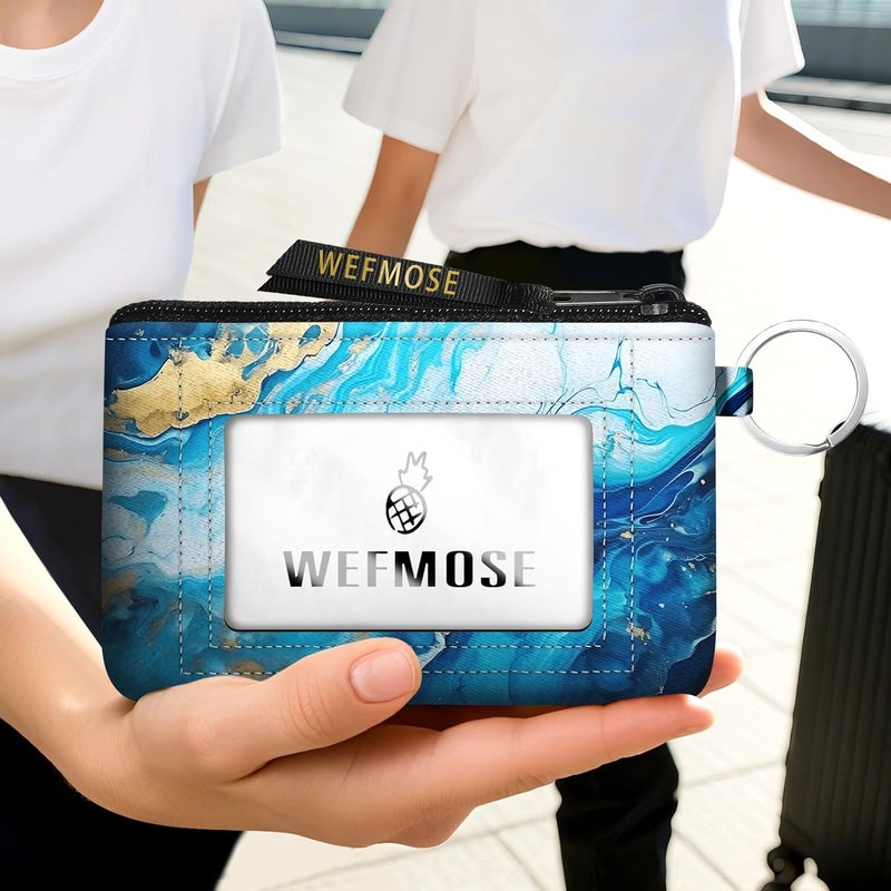 WEFMOSE Small Wallet Keychain with Clear ID Window Zipper Cute ID Case Coin Purse for Women Water Resistant Coin Pouch-Marble-Blue Keychain Wallet - Image 5